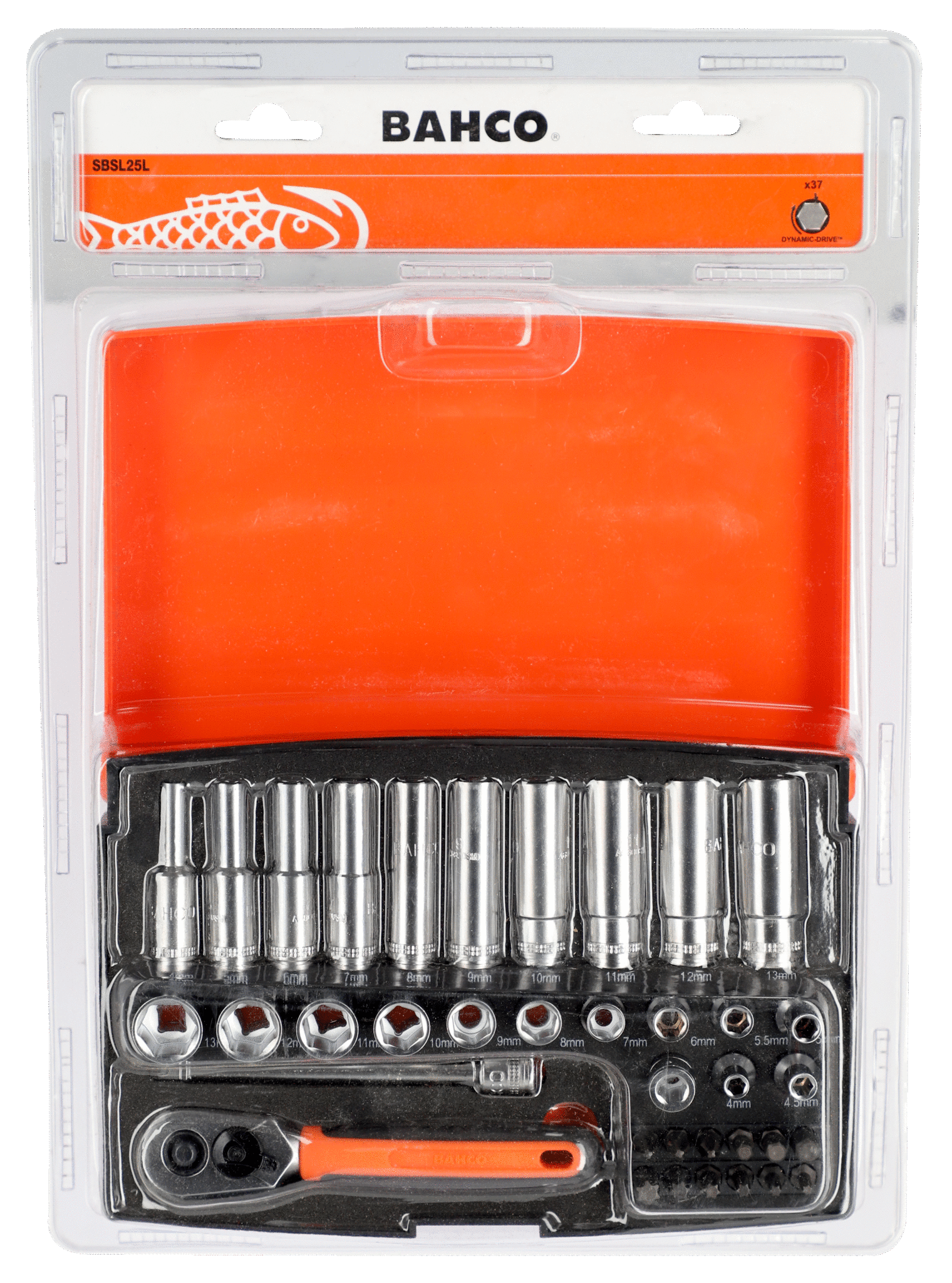 1 4 Square Drive Socket and Deep Socket Set with Metric Hex Profile and Screwdriver Bits 37 Pcs Case Retail Pack BAHCO Bahco International