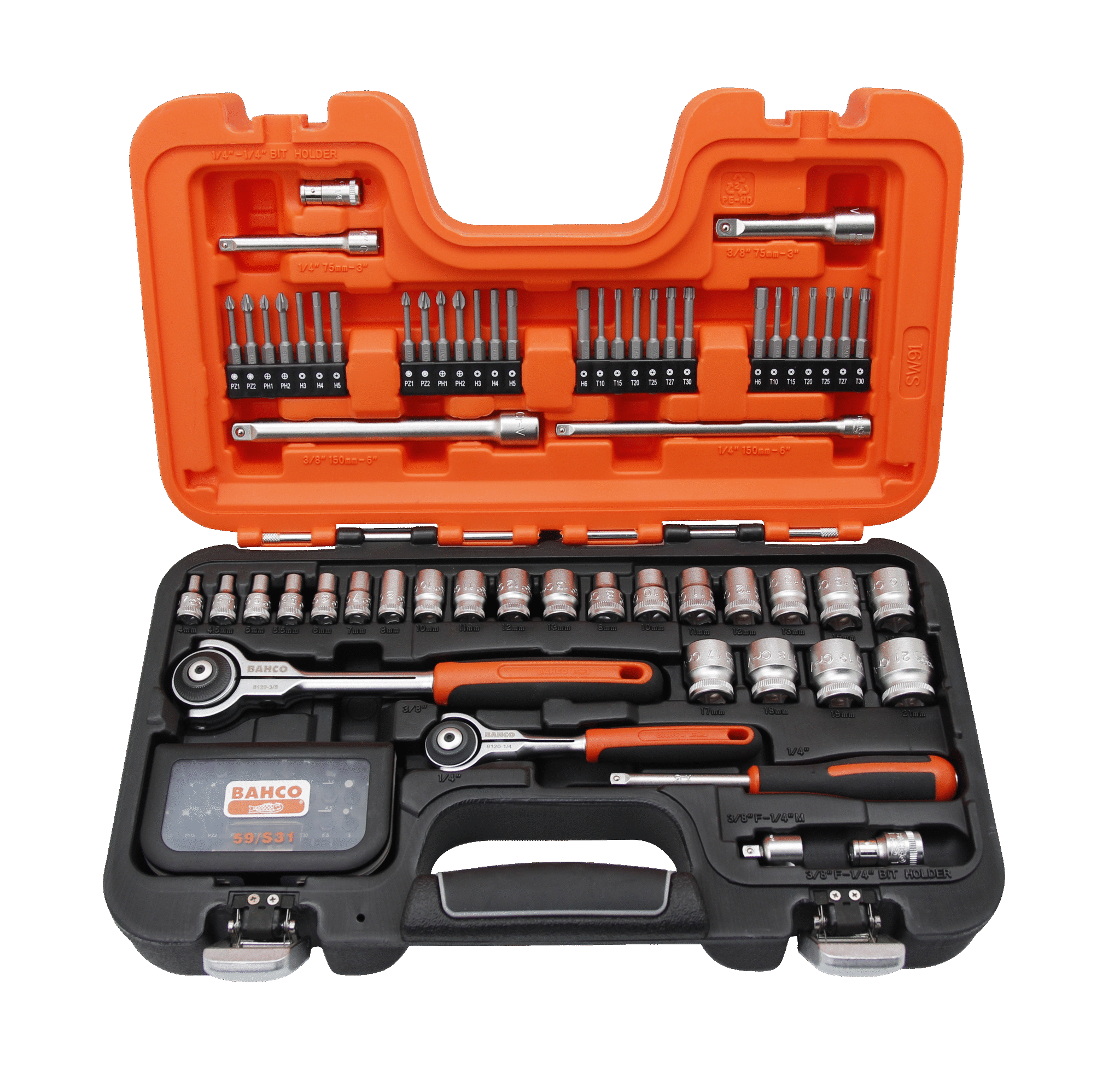 1/4 3/8 and 1/2 Square Drive Socket Set with Combination  Wrenches/Screwdriver Bits, BAHCO