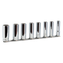 3/8" Steckschlüssel-Einsätze im Satz auf Klemmleiste, mit Vierkantantrieb, lange Ausführung, Zwölfkant, metrisch